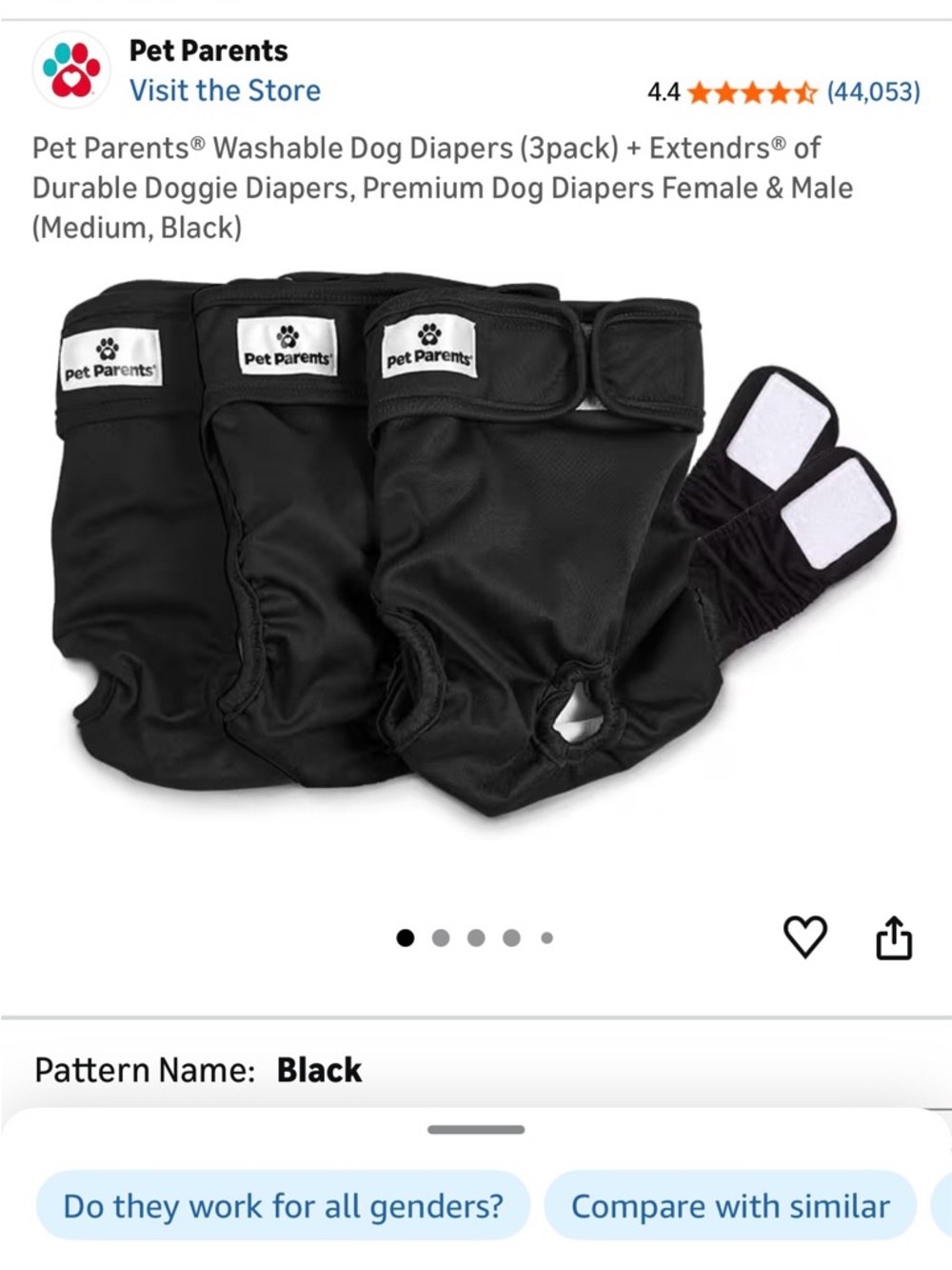 Black Washable Dog Diaper - Secure Fit - Picture 1 of 6